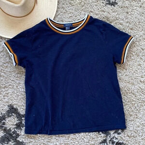 Forever 21 Women's Cropped Navy White Mustard Stripe Short Sleeve Tee